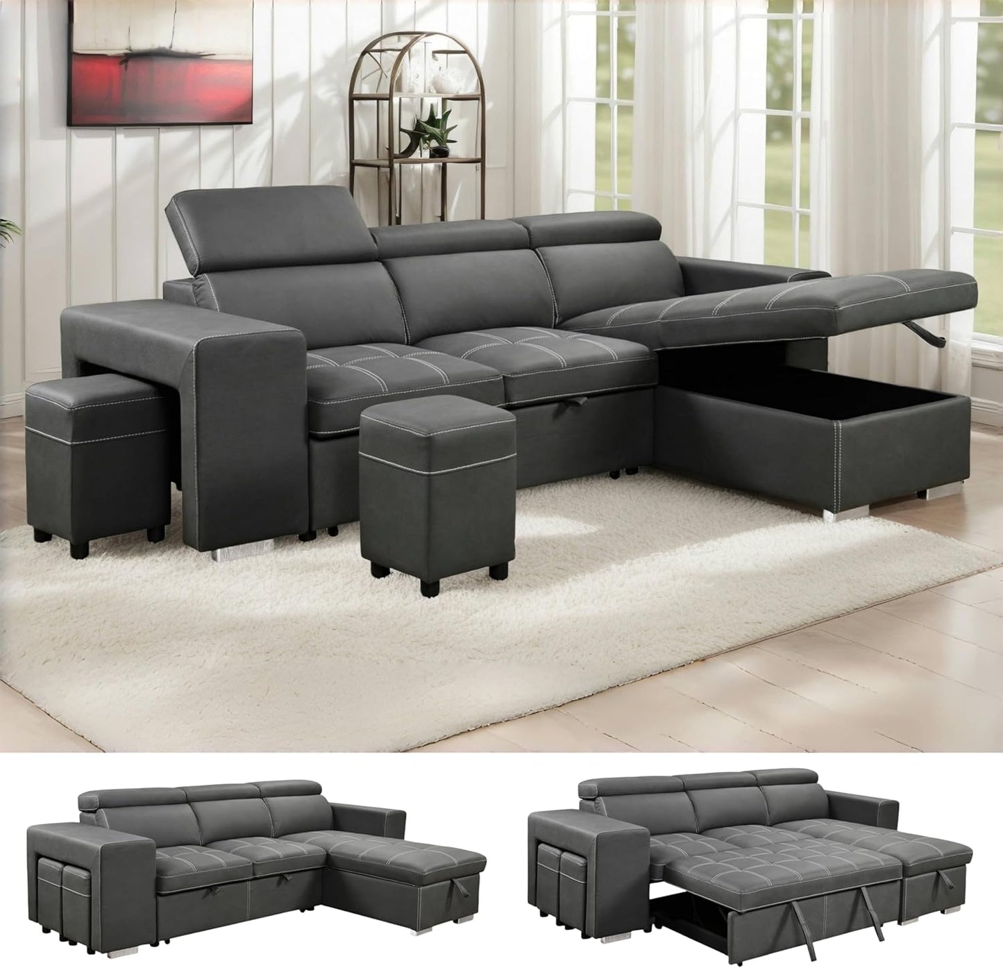 104'' Microfiber L Shaped Sectional Sleeper Sofa Couch with Pull Out Bed and Storage Ottoman, Convertible Couches with Adjustable Headrest for Living Room, Right Facing Chaise. Beige