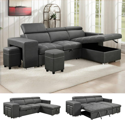 104'' Microfiber L Shaped Sectional Sleeper Sofa Couch with Pull Out Bed and Storage Ottoman, Convertible Couches with Adjustable Headrest for Living Room, Right Facing Chaise. Beige