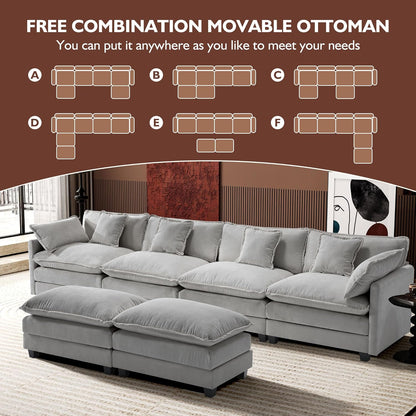 146" U-Shaped Modern Sofa Modular Sectional Cloud Couch with 2 Ottoman, 6-Seat Chenille Deep Seat Sofa with 6 Pillows for Living Room, Bedroom and Apartment, Grey