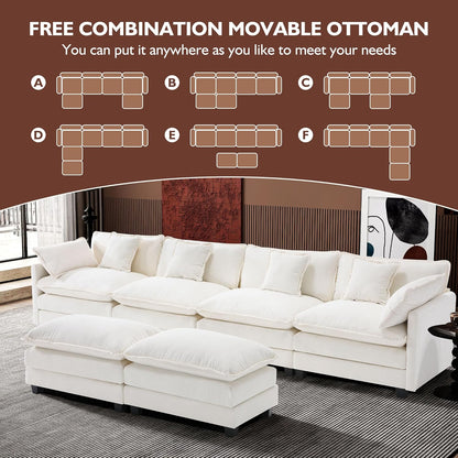 146" U-Shaped Modern Sofa Modular Sectional Cloud Couch with 2 Ottoman, 6-Seat Chenille Deep Seat Sofa with 6 Pillows for Living Room, Bedroom and Apartment, Grey