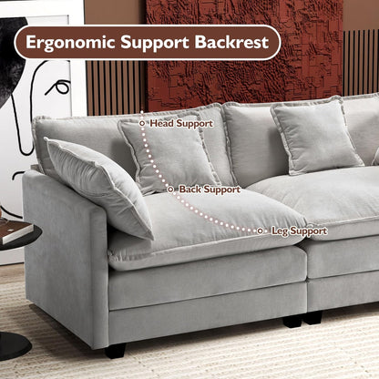 146" U-Shaped Modern Sofa Modular Sectional Cloud Couch with 2 Ottoman, 6-Seat Chenille Deep Seat Sofa with 6 Pillows for Living Room, Bedroom and Apartment, Grey