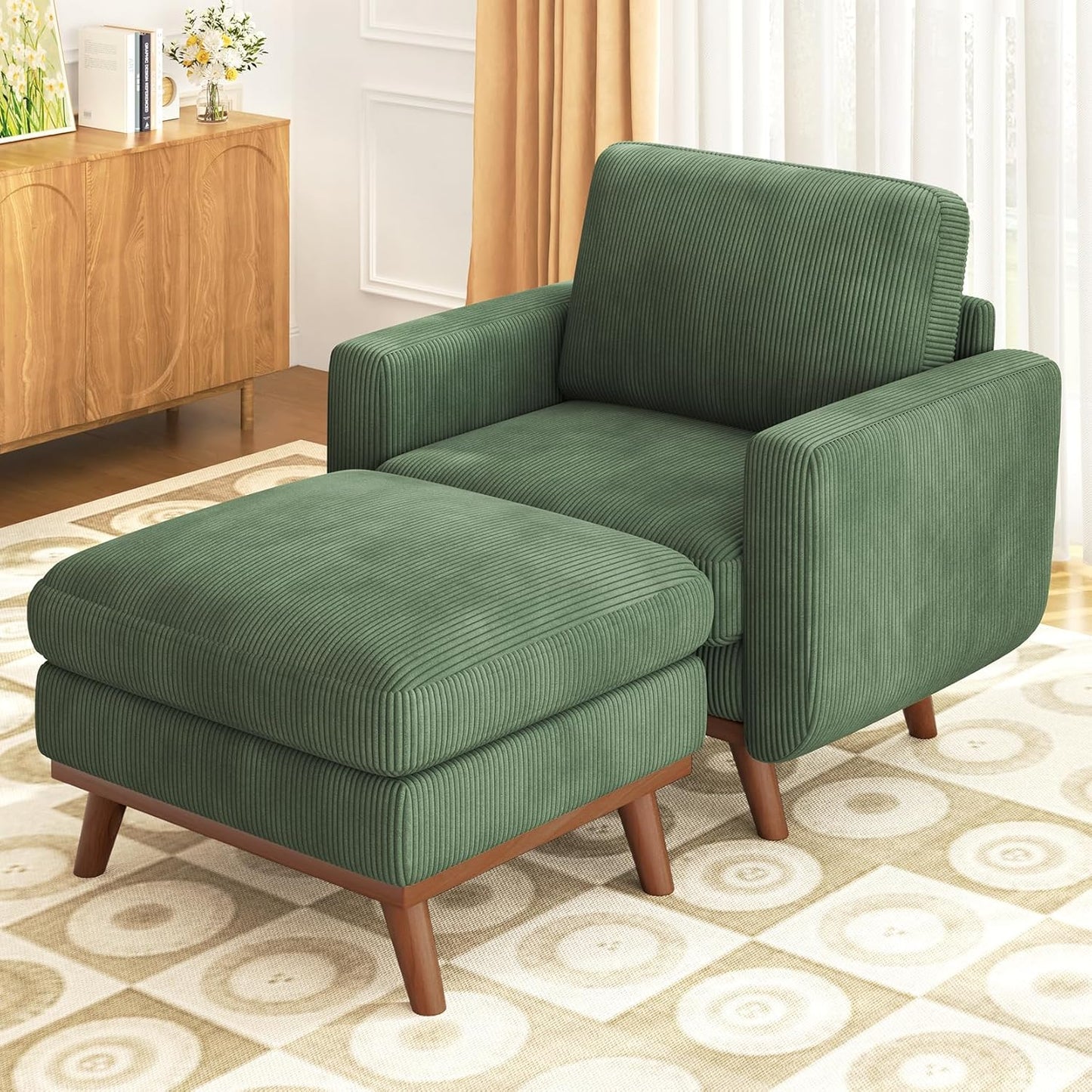 38.5" Accent Chair with Movable Ottoman, Comfy Corduroy Armchair with Spring Cushion, Reading Chair with Ottoman, Modern Single Sofa for Living Room, Bedroom and Apartment, Green