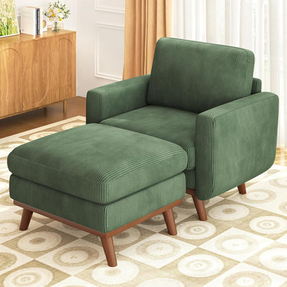38.5" Accent Chair with Movable Ottoman, Comfy Corduroy Armchair with Spring Cushion, Reading Chair with Ottoman, Modern Single Sofa for Living Room, Bedroom and Apartment, Green