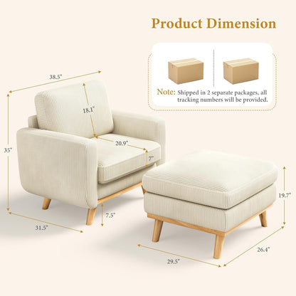 38.5" Accent Chair with Movable Ottoman, Comfy Corduroy Armchair with Spring Cushion, Reading Chair with Ottoman, Modern Single Sofa for Living Room, Bedroom and Apartment, Beige