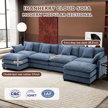 146" U-Shaped Modern Sofa Modular Sectional Cloud Couch with 2 Ottoman, 6-Seat Chenille Deep Seat Sofa with 6 Pillows for Living Room, Bedroom and Apartment, Grey