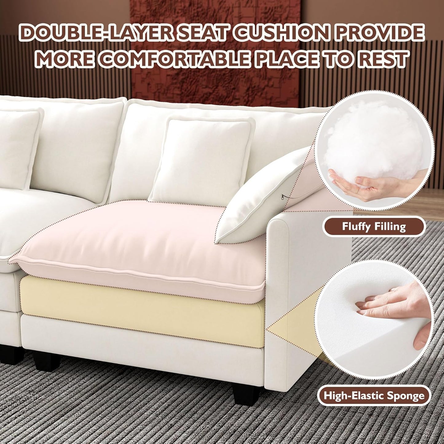 146" U-Shaped Modern Sofa Modular Sectional Cloud Couch with 2 Ottoman, 6-Seat Chenille Deep Seat Sofa with 6 Pillows for Living Room, Bedroom and Apartment, Grey