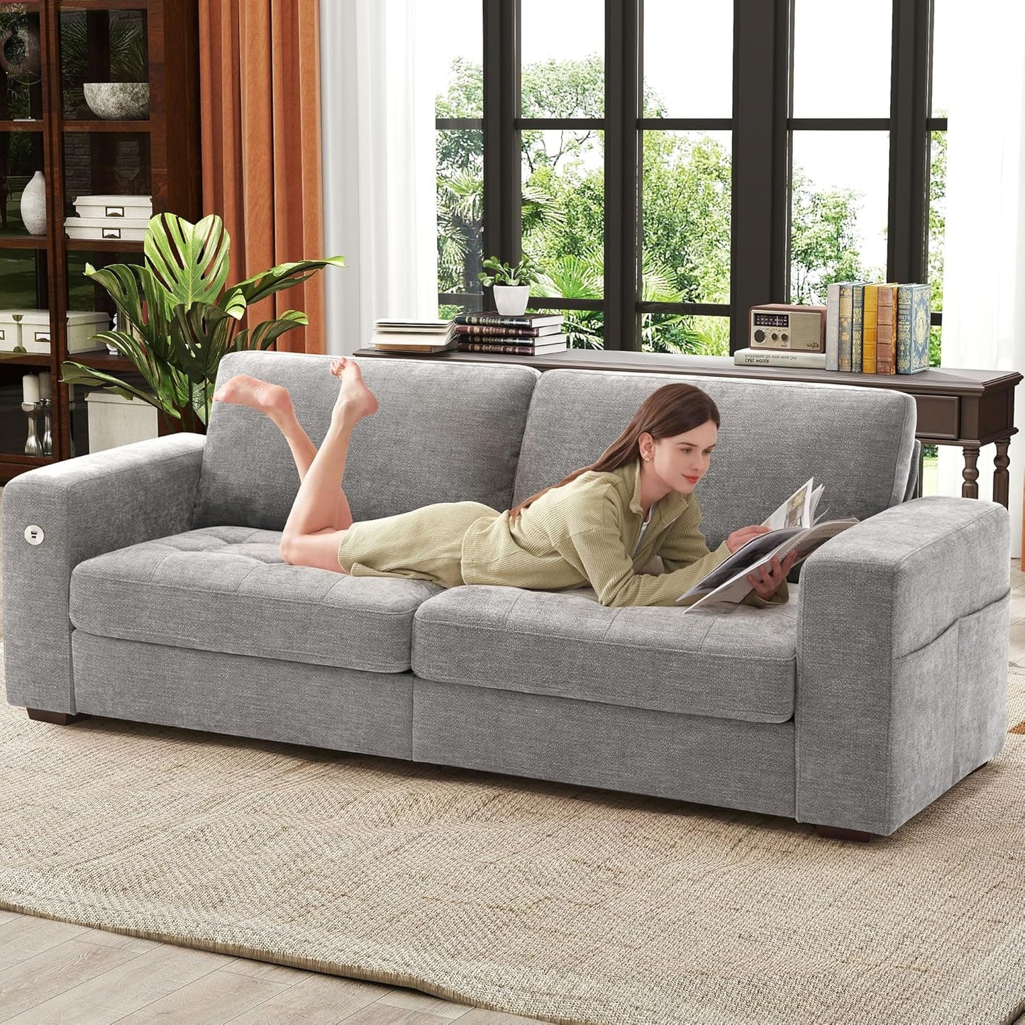 146" U-Shaped Modern Sofa Modular Sectional Cloud Couch with 2 Ottoman, 6-Seat Chenille Deep Seat Sofa with 6 Pillows for Living Room, Bedroom and Apartment, Grey