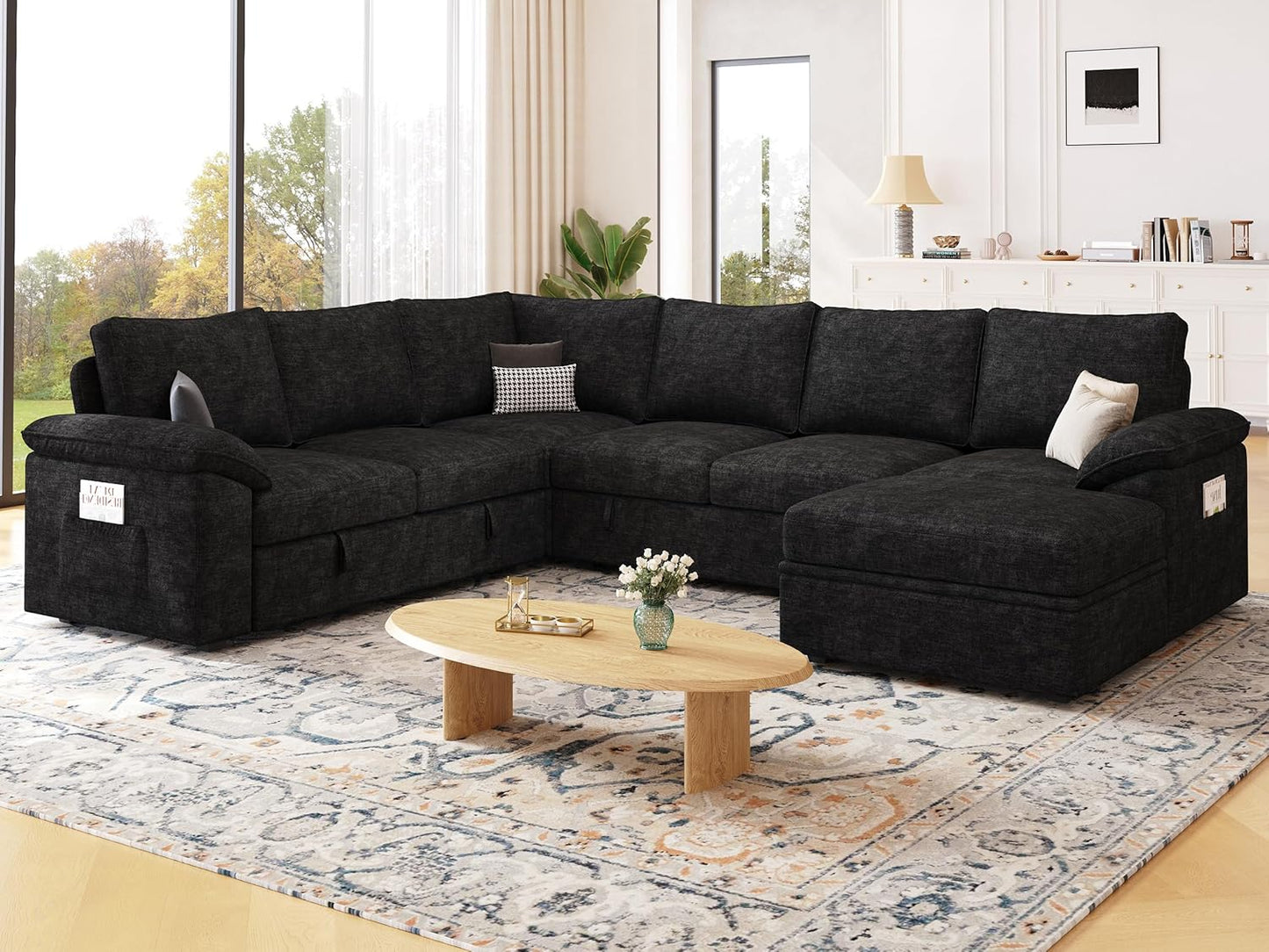 108 Inch Sectional Sleeper Sofa with Pull Out Bed, U Shaped 7 Seat Modular Sectional Sofa with Storage, Sectional Couches for Living Room, Cloud Modular Couch,Removable Sofa Cover, Dark Grey