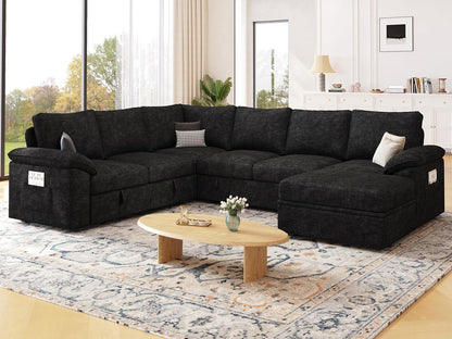 108 Inch Sectional Sleeper Sofa with Pull Out Bed, U Shaped 7 Seat Modular Sectional Sofa with Storage, Sectional Couches for Living Room, Cloud Modular Couch,Removable Sofa Cover, Dark Grey