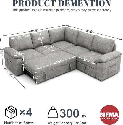 108 Inch Sectional Sleeper Sofa with Pull Out Bed, U Shaped 7 Seat Modular Sectional Sofa with Storage, Sectional Couches for Living Room, Cloud Modular Couch,Removable Sofa Cover, Dark Grey