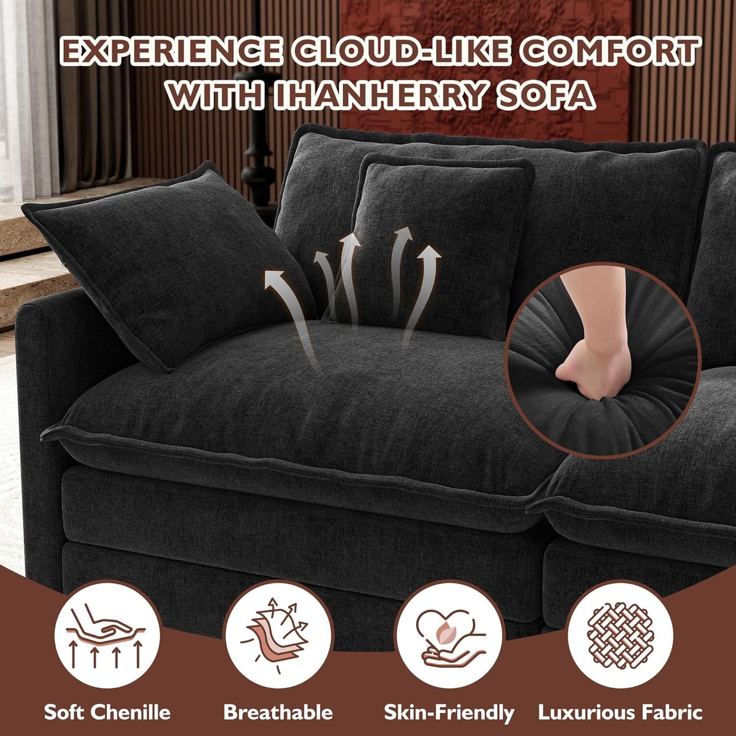 146" U-Shaped Modern Sofa Modular Sectional Cloud Couch with 2 Ottoman, 6-Seat Chenille Deep Seat Sofa with 6 Pillows for Living Room, Bedroom and Apartment, Grey