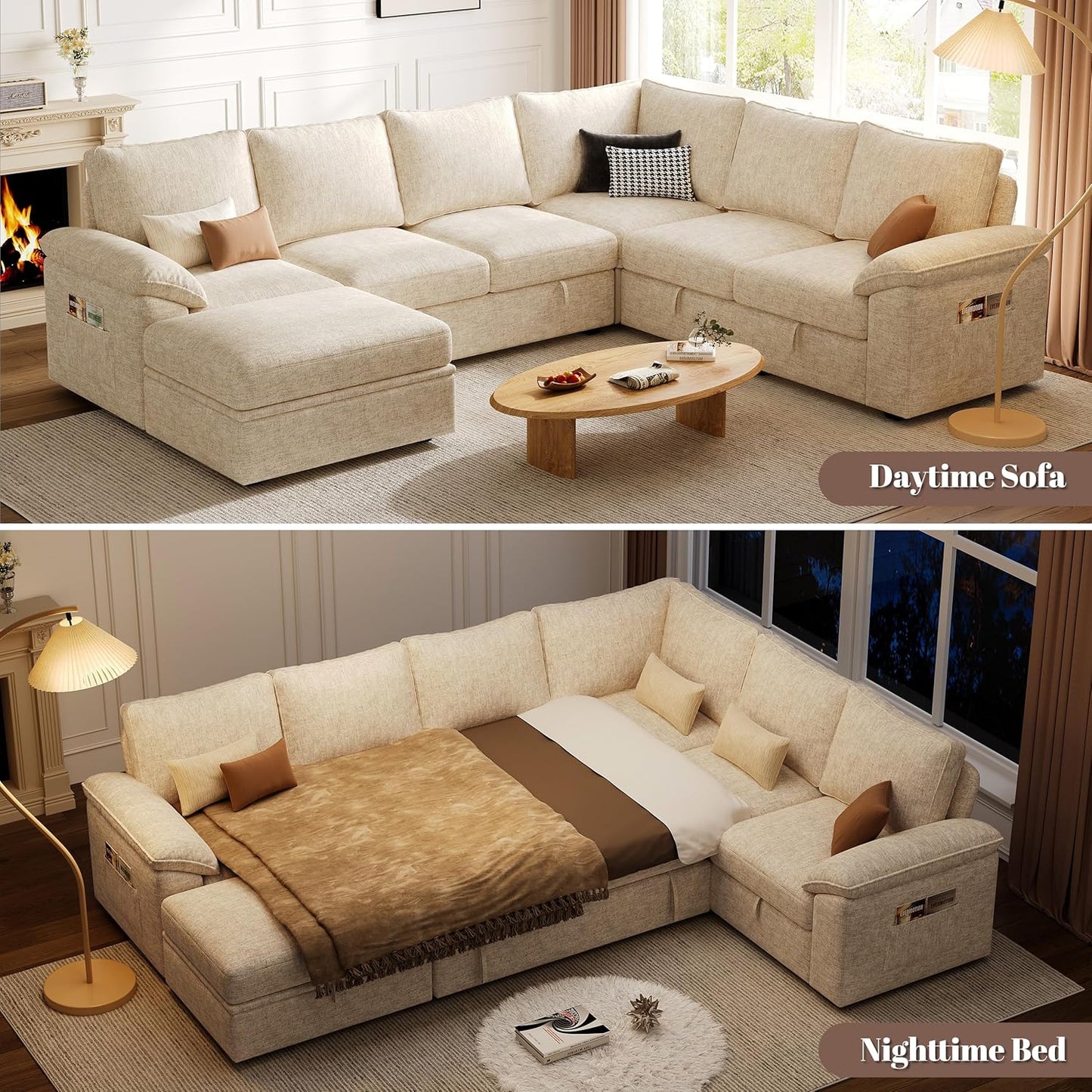 108 Inch Sectional Sleeper Sofa with Pull Out Bed, U Shaped 7 Seat Modular Sectional Sofa with Storage, Sectional Couches for Living Room, Cloud Modular Couch,Removable Sofa Cover, Dark Grey