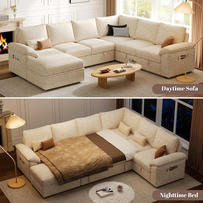 108 Inch Sectional Sleeper Sofa with Pull Out Bed, U Shaped 7 Seat Modular Sectional Sofa with Storage, Sectional Couches for Living Room, Cloud Modular Couch,Removable Sofa Cover, Dark Grey