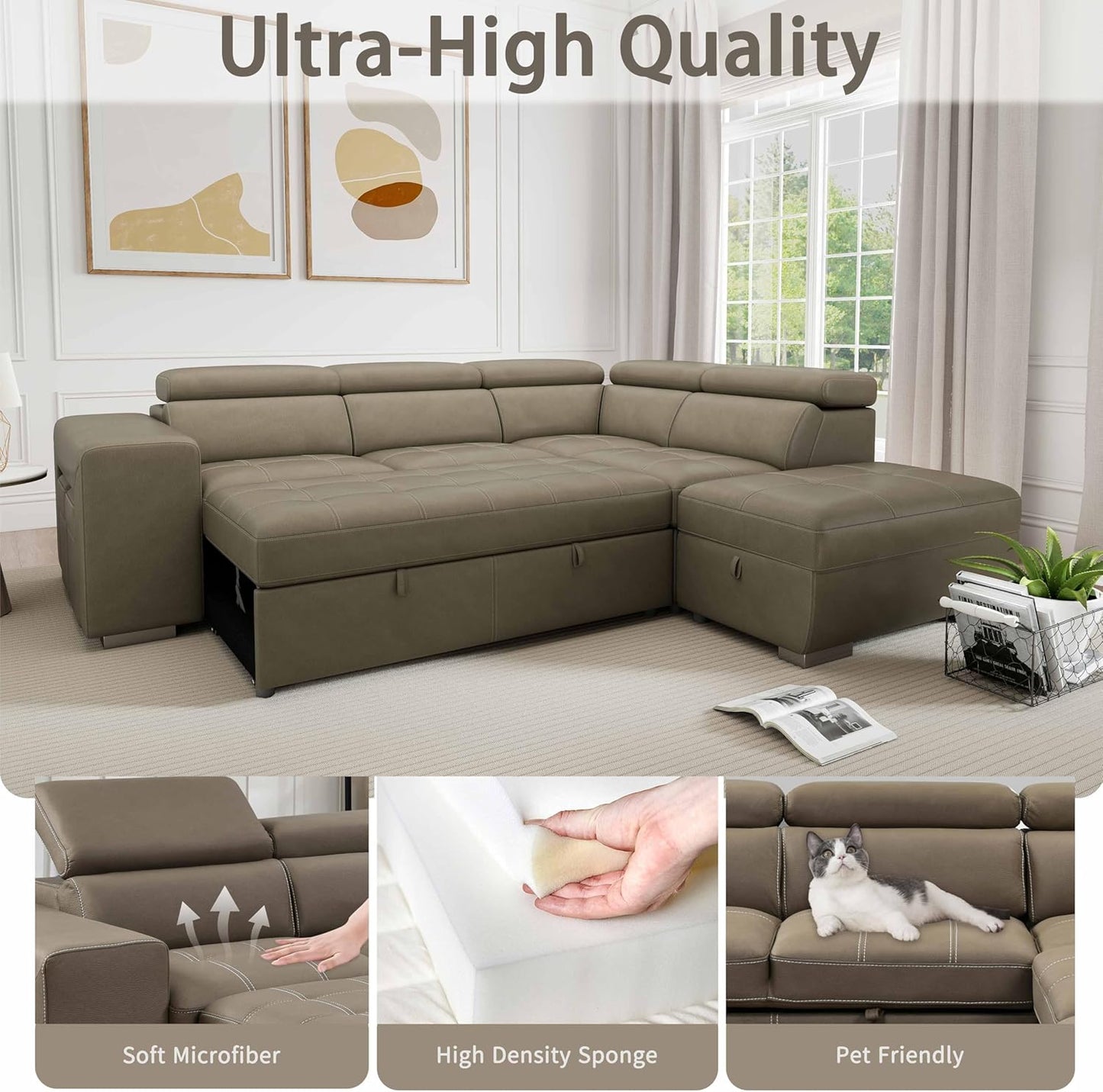 104'' Microfiber L Shaped Sectional Sleeper Sofa Couch with Pull Out Bed and Storage Ottoman, Convertible Couches with Adjustable Headrest for Living Room, Right Facing Chaise. Beige