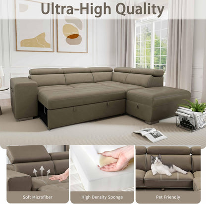 104'' Microfiber L Shaped Sectional Sleeper Sofa Couch with Pull Out Bed and Storage Ottoman, Convertible Couches with Adjustable Headrest for Living Room, Right Facing Chaise. Beige