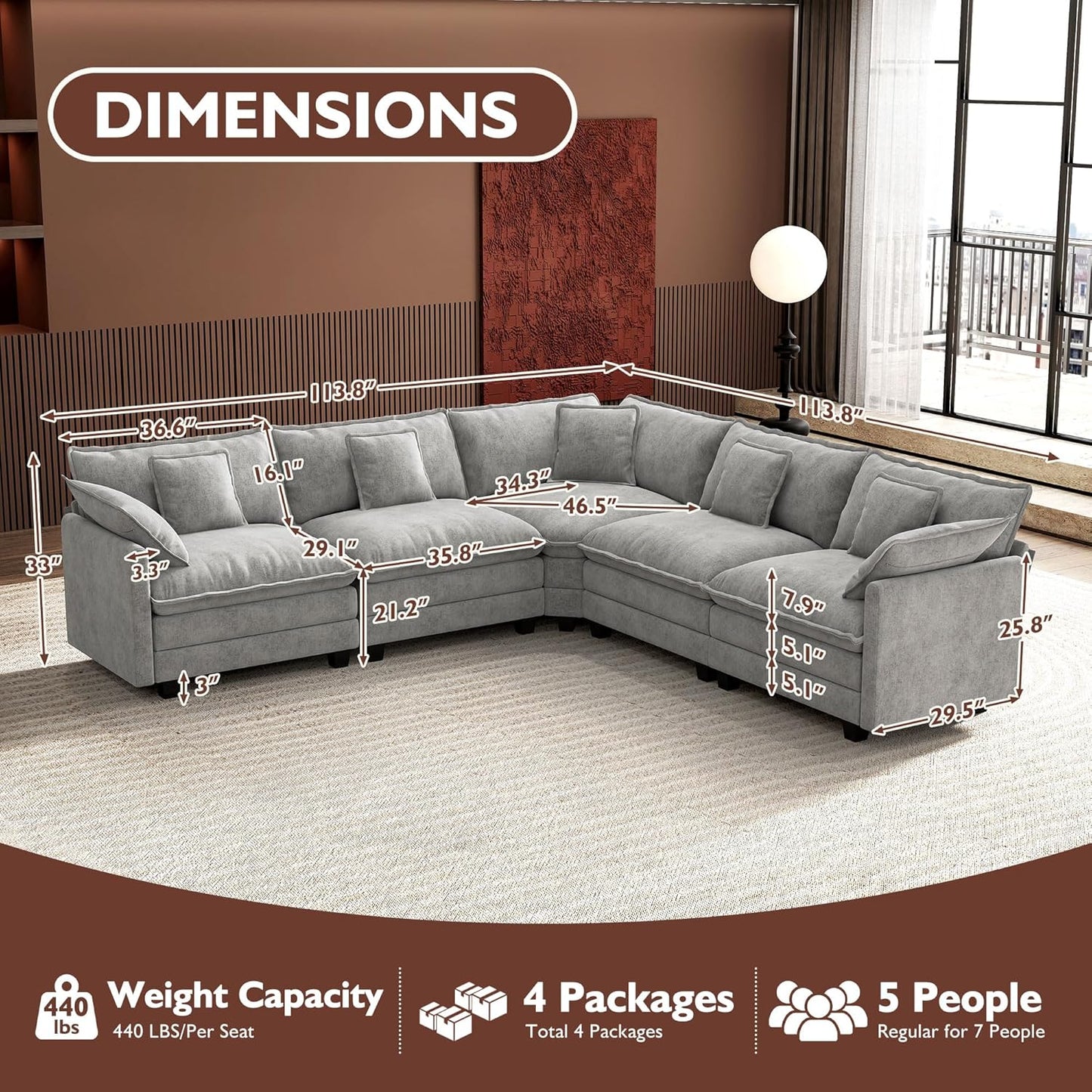 146" U-Shaped Modern Sofa Modular Sectional Cloud Couch with 2 Ottoman, 6-Seat Chenille Deep Seat Sofa with 6 Pillows for Living Room, Bedroom and Apartment, Grey