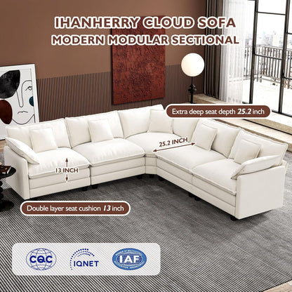 146" U-Shaped Modern Sofa Modular Sectional Cloud Couch with 2 Ottoman, 6-Seat Chenille Deep Seat Sofa with 6 Pillows for Living Room, Bedroom and Apartment, Grey