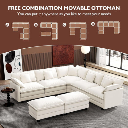 146" U-Shaped Modern Sofa Modular Sectional Cloud Couch with 2 Ottoman, 6-Seat Chenille Deep Seat Sofa with 6 Pillows for Living Room, Bedroom and Apartment, Grey