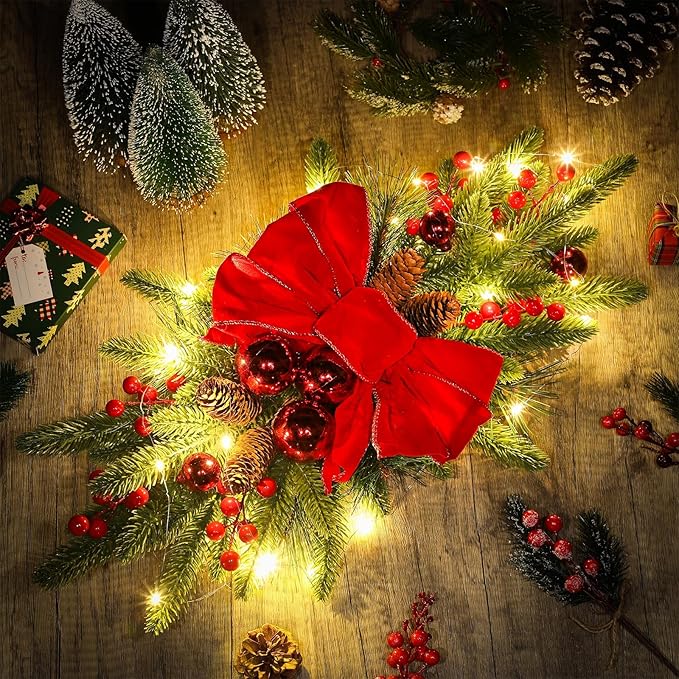 Lyrow 8 Pcs Christmas Artificial Swags 24" Xmas The Cordless Prelit Stairway Swag Teardrop Trim Wreath Door Stair Swag Garland Christmas Swags for Outdoor Home Garden Decor(Red,Ribbon)