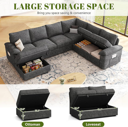 108 Inch Sectional Sleeper Sofa with Pull Out Bed, U Shaped 7 Seat Modular Sectional Sofa with Storage, Sectional Couches for Living Room, Cloud Modular Couch,Removable Sofa Cover, Dark Grey
