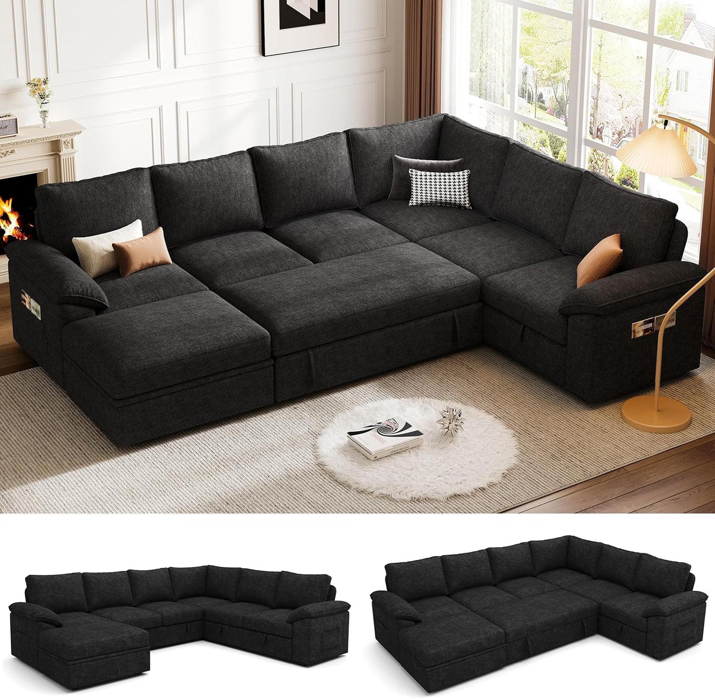 108 Inch Sectional Sleeper Sofa with Pull Out Bed, U Shaped 7 Seat Modular Sectional Sofa with Storage, Sectional Couches for Living Room, Cloud Modular Couch,Removable Sofa Cover, Dark Grey
