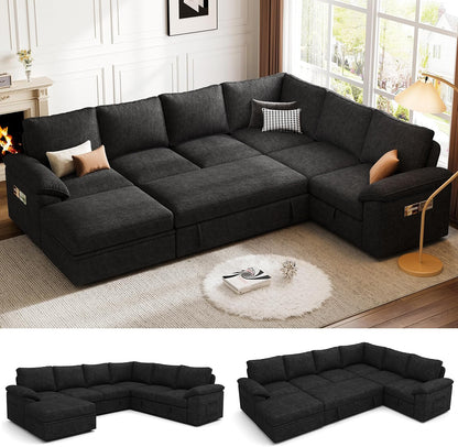 108 Inch Sectional Sleeper Sofa with Pull Out Bed, U Shaped 7 Seat Modular Sectional Sofa with Storage, Sectional Couches for Living Room, Cloud Modular Couch,Removable Sofa Cover, Dark Grey