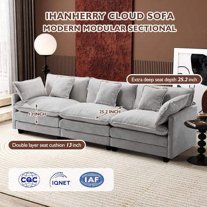 146" U-Shaped Modern Sofa Modular Sectional Cloud Couch with 2 Ottoman, 6-Seat Chenille Deep Seat Sofa with 6 Pillows for Living Room, Bedroom and Apartment, Grey