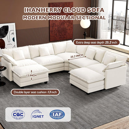 146" U-Shaped Modern Sofa Modular Sectional Cloud Couch with 2 Ottoman, 6-Seat Chenille Deep Seat Sofa with 6 Pillows for Living Room, Bedroom and Apartment, Grey