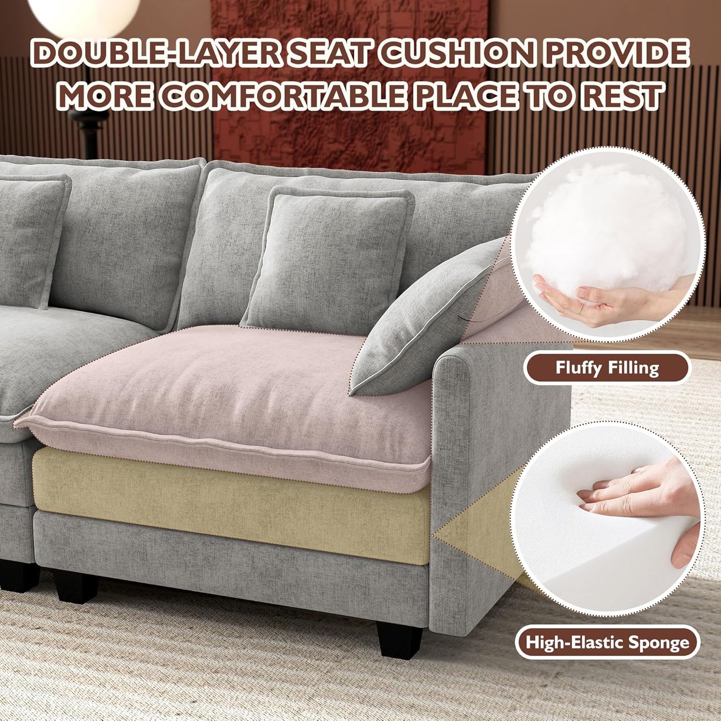 146" U-Shaped Modern Sofa Modular Sectional Cloud Couch with 2 Ottoman, 6-Seat Chenille Deep Seat Sofa with 6 Pillows for Living Room, Bedroom and Apartment, Grey