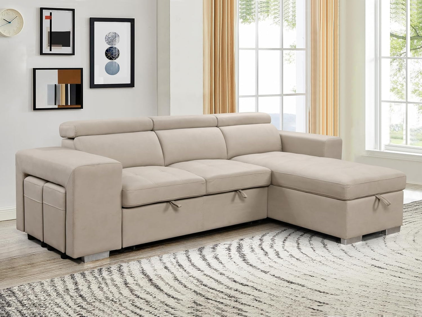 104'' Microfiber L Shaped Sectional Sleeper Sofa Couch with Pull Out Bed and Storage Ottoman, Convertible Couches with Adjustable Headrest for Living Room, Right Facing Chaise. Beige
