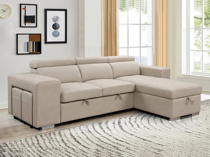 104'' Microfiber L Shaped Sectional Sleeper Sofa Couch with Pull Out Bed and Storage Ottoman, Convertible Couches with Adjustable Headrest for Living Room, Right Facing Chaise. Beige