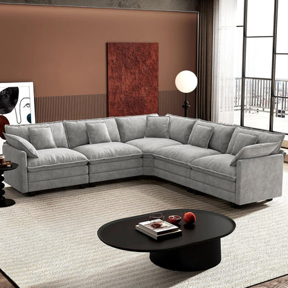 146" U-Shaped Modern Sofa Modular Sectional Cloud Couch with 2 Ottoman, 6-Seat Chenille Deep Seat Sofa with 6 Pillows for Living Room, Bedroom and Apartment, Grey