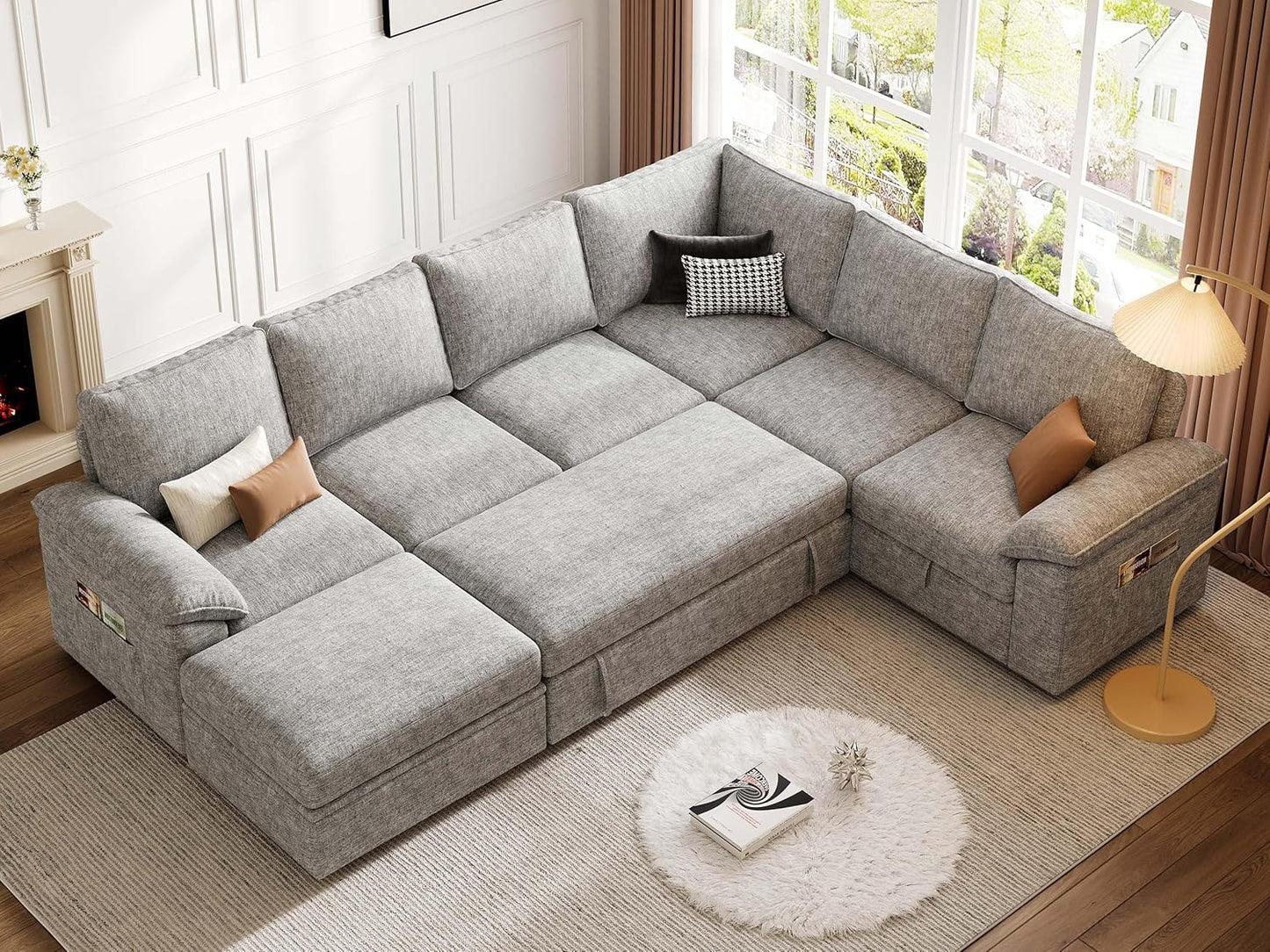 108 Inch Sectional Sleeper Sofa with Pull Out Bed, U Shaped 7 Seat Modular Sectional Sofa with Storage, Sectional Couches for Living Room, Cloud Modular Couch,Removable Sofa Cover, Dark Grey
