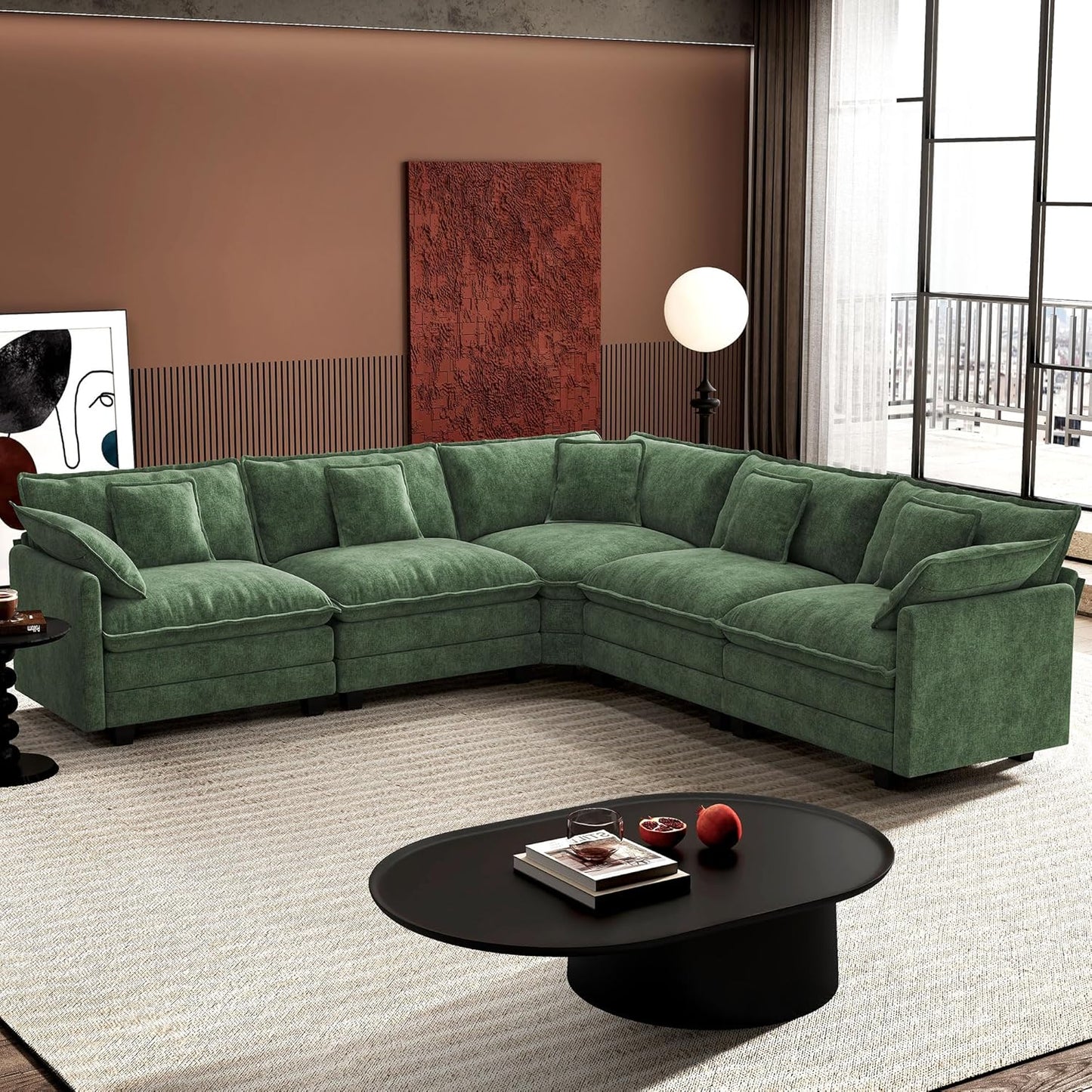 146" U-Shaped Modern Sofa Modular Sectional Cloud Couch with 2 Ottoman, 6-Seat Chenille Deep Seat Sofa with 6 Pillows for Living Room, Bedroom and Apartment, Grey