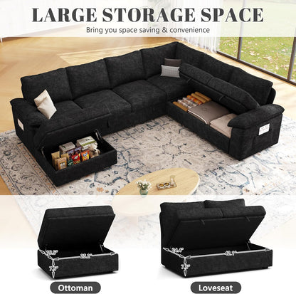 108 Inch Sectional Sleeper Sofa with Pull Out Bed, U Shaped 7 Seat Modular Sectional Sofa with Storage, Sectional Couches for Living Room, Cloud Modular Couch,Removable Sofa Cover, Dark Grey