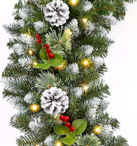 9FT Prelit Artificial Christmas Garland with Color Changing Lights and Timer by Batteries Operated for Mantle Table Stairs Fireplace Xmas Decoration