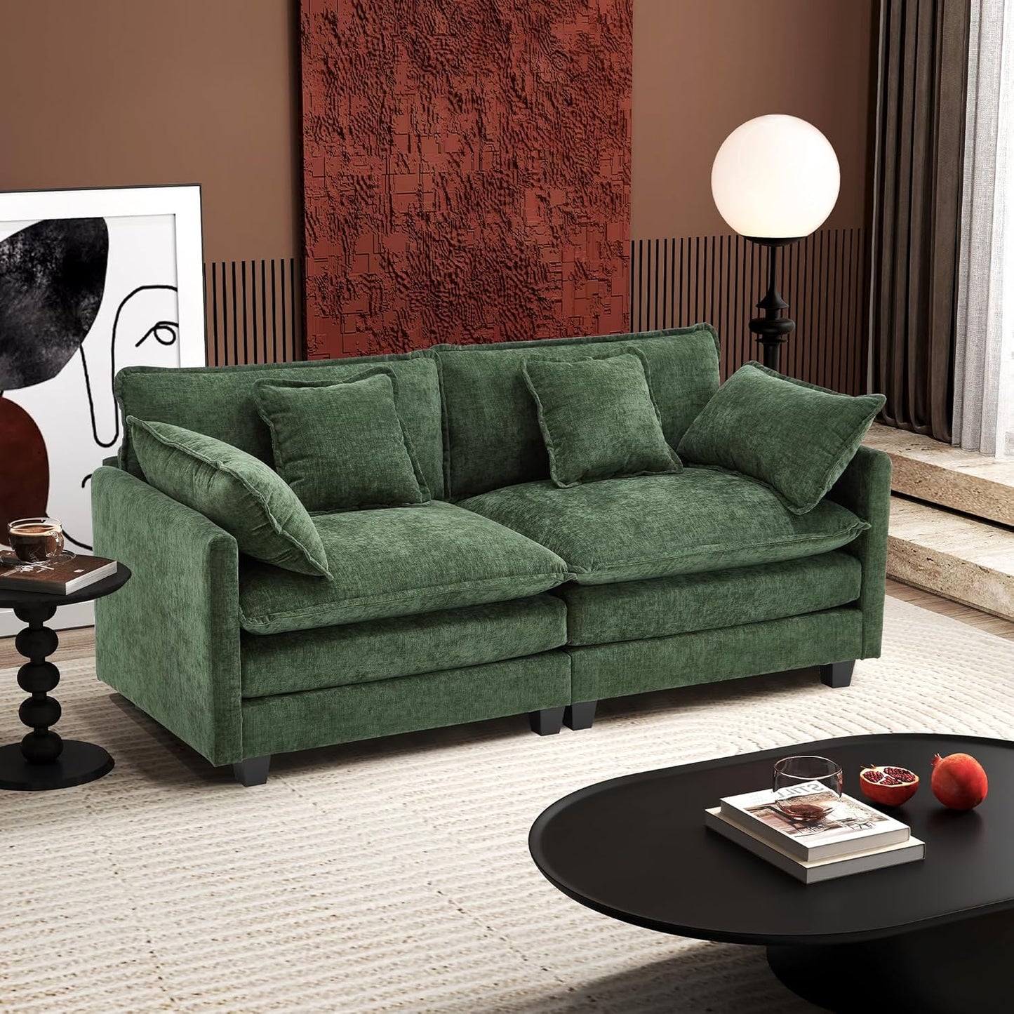 146" U-Shaped Modern Sofa Modular Sectional Cloud Couch with 2 Ottoman, 6-Seat Chenille Deep Seat Sofa with 6 Pillows for Living Room, Bedroom and Apartment, Grey