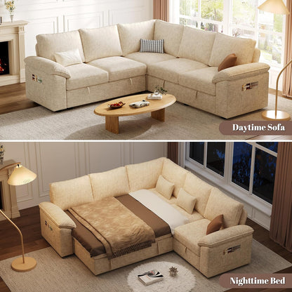 108 Inch Sectional Sleeper Sofa with Pull Out Bed, U Shaped 7 Seat Modular Sectional Sofa with Storage, Sectional Couches for Living Room, Cloud Modular Couch,Removable Sofa Cover, Dark Grey