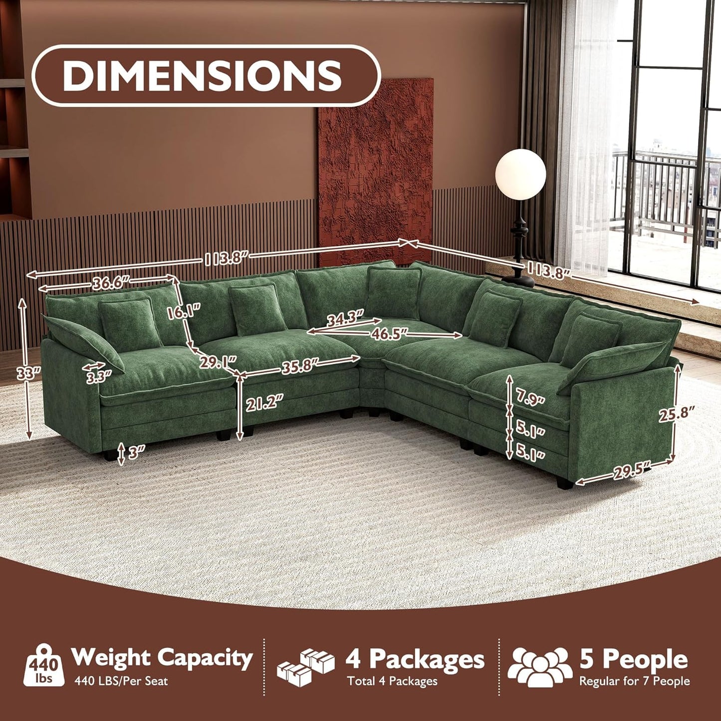 146" U-Shaped Modern Sofa Modular Sectional Cloud Couch with 2 Ottoman, 6-Seat Chenille Deep Seat Sofa with 6 Pillows for Living Room, Bedroom and Apartment, Grey