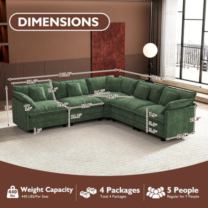 146" U-Shaped Modern Sofa Modular Sectional Cloud Couch with 2 Ottoman, 6-Seat Chenille Deep Seat Sofa with 6 Pillows for Living Room, Bedroom and Apartment, Grey