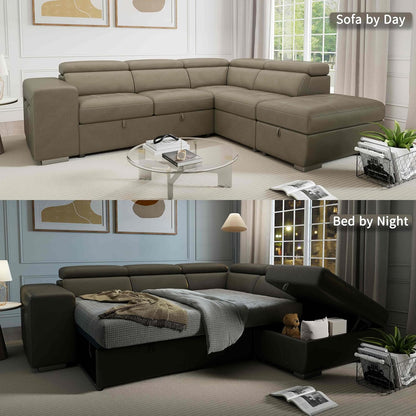 104'' Microfiber L Shaped Sectional Sleeper Sofa Couch with Pull Out Bed and Storage Ottoman, Convertible Couches with Adjustable Headrest for Living Room, Right Facing Chaise. Beige