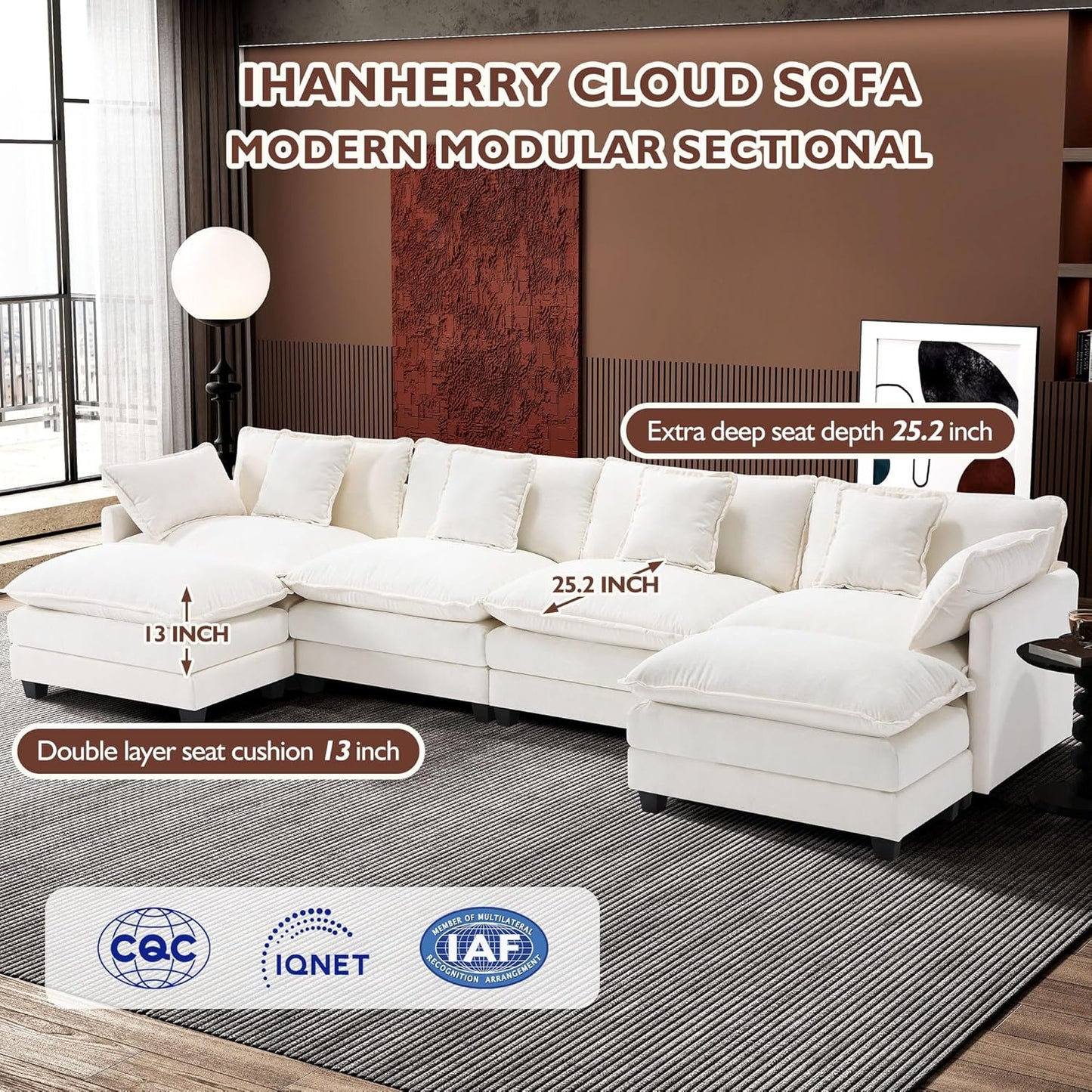 146" U-Shaped Modern Sofa Modular Sectional Cloud Couch with 2 Ottoman, 6-Seat Chenille Deep Seat Sofa with 6 Pillows for Living Room, Bedroom and Apartment, Grey