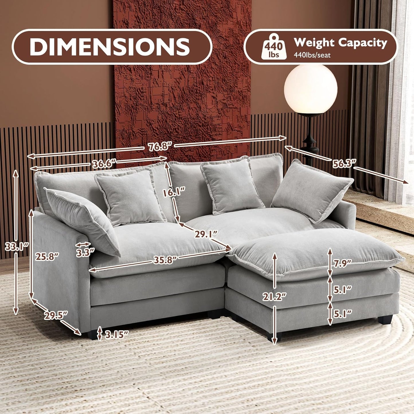 146" U-Shaped Modern Sofa Modular Sectional Cloud Couch with 2 Ottoman, 6-Seat Chenille Deep Seat Sofa with 6 Pillows for Living Room, Bedroom and Apartment, Grey
