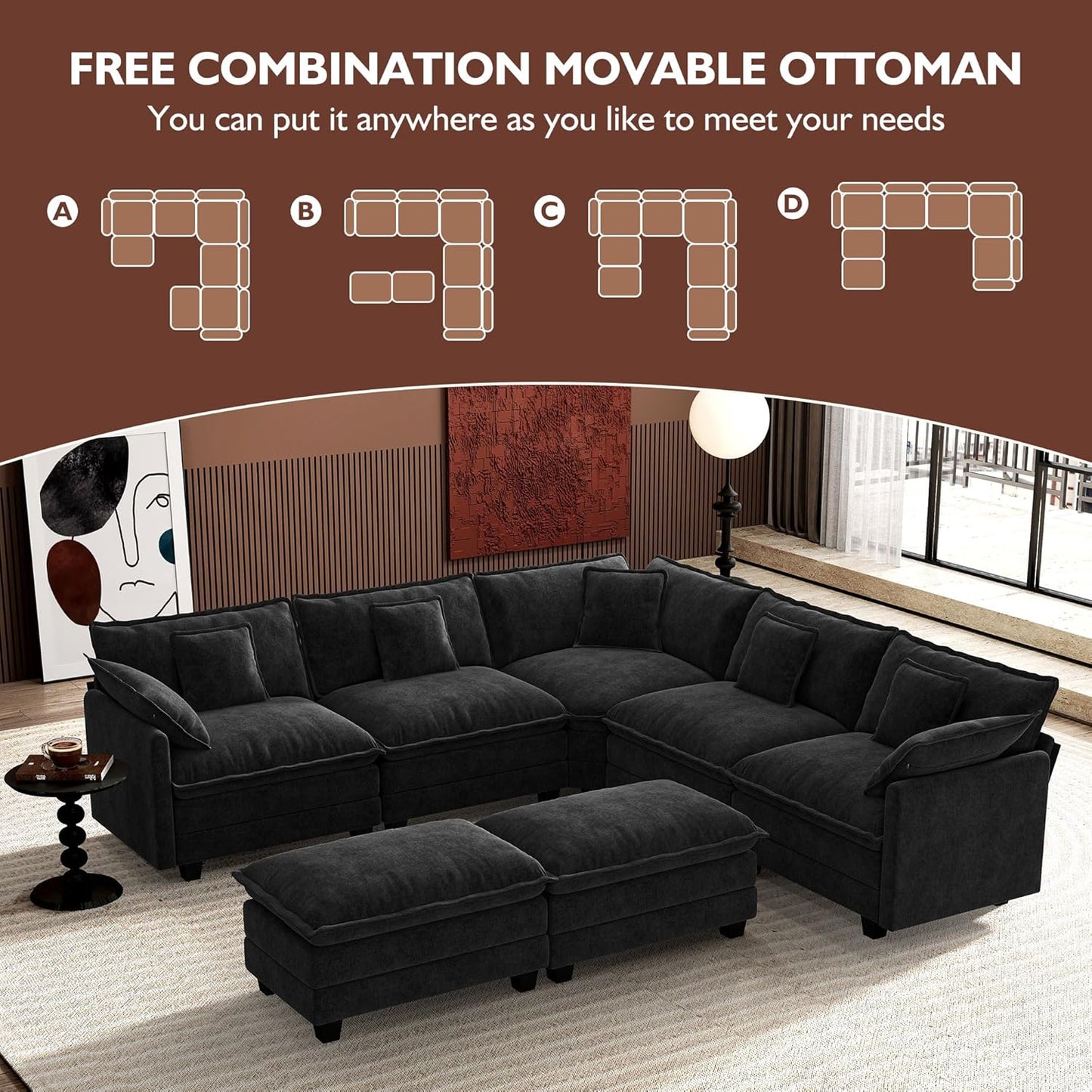 146" U-Shaped Modern Sofa Modular Sectional Cloud Couch with 2 Ottoman, 6-Seat Chenille Deep Seat Sofa with 6 Pillows for Living Room, Bedroom and Apartment, Grey