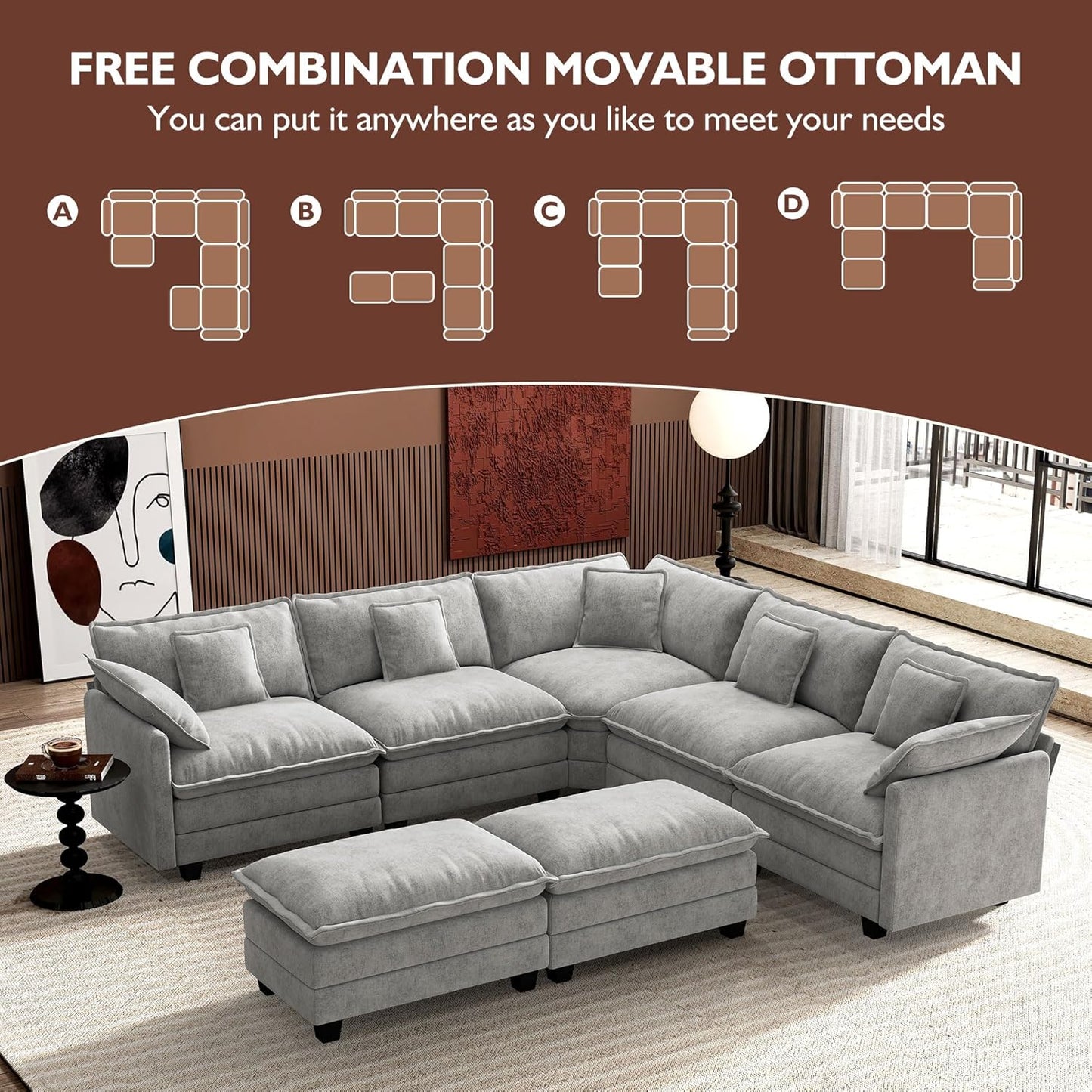 146" U-Shaped Modern Sofa Modular Sectional Cloud Couch with 2 Ottoman, 6-Seat Chenille Deep Seat Sofa with 6 Pillows for Living Room, Bedroom and Apartment, Grey