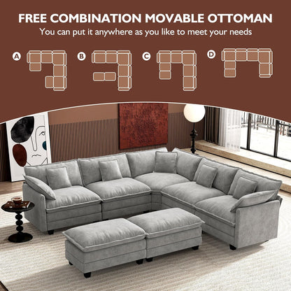 146" U-Shaped Modern Sofa Modular Sectional Cloud Couch with 2 Ottoman, 6-Seat Chenille Deep Seat Sofa with 6 Pillows for Living Room, Bedroom and Apartment, Grey