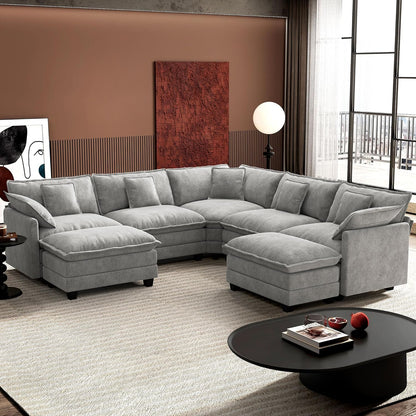 146" U-Shaped Modern Sofa Modular Sectional Cloud Couch with 2 Ottoman, 6-Seat Chenille Deep Seat Sofa with 6 Pillows for Living Room, Bedroom and Apartment, Grey