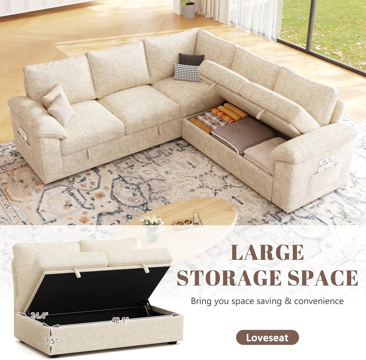 108 Inch Sectional Sleeper Sofa with Pull Out Bed, U Shaped 7 Seat Modular Sectional Sofa with Storage, Sectional Couches for Living Room, Cloud Modular Couch,Removable Sofa Cover, Dark Grey