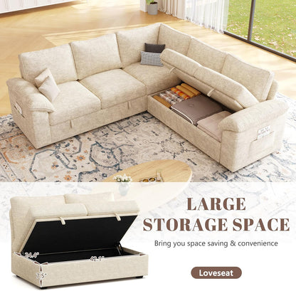 108 Inch Sectional Sleeper Sofa with Pull Out Bed, U Shaped 7 Seat Modular Sectional Sofa with Storage, Sectional Couches for Living Room, Cloud Modular Couch,Removable Sofa Cover, Dark Grey