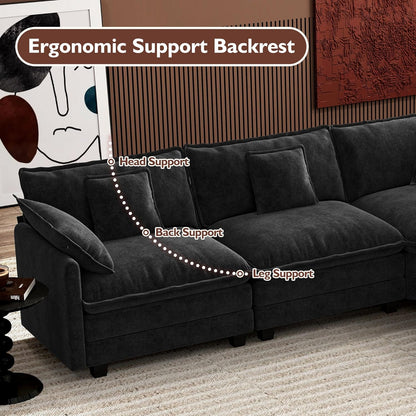 146" U-Shaped Modern Sofa Modular Sectional Cloud Couch with 2 Ottoman, 6-Seat Chenille Deep Seat Sofa with 6 Pillows for Living Room, Bedroom and Apartment, Grey